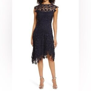 Eliza J Navy Asymmetrical Lace Dress